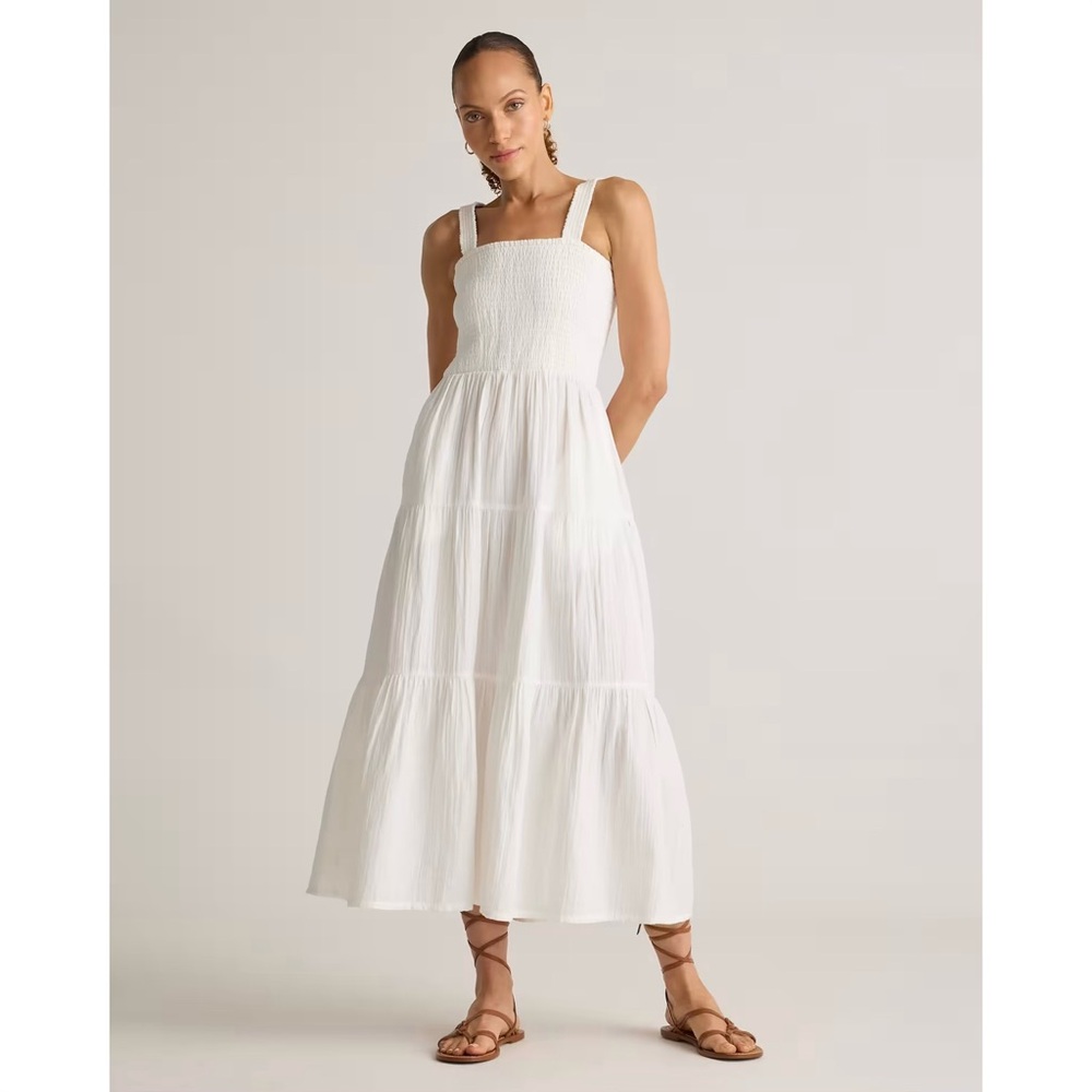 Quince White Cotton Smocked Maxi Dress
